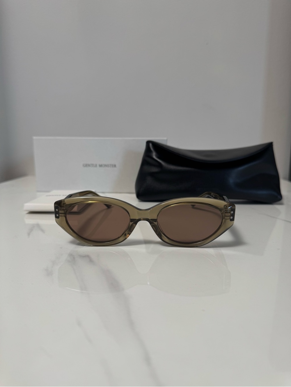 GENTLE MONSTER Olive Green Oval Sunglasses with Brown Lenses